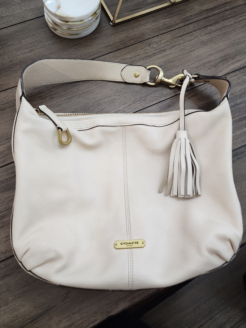 Coach Pebbled Leather Shoulder Bag in Light Beige